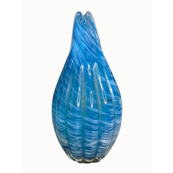 VTG Mid Century Japan Art Glass Handblown Small Pitcher Vase Blue White Swirl